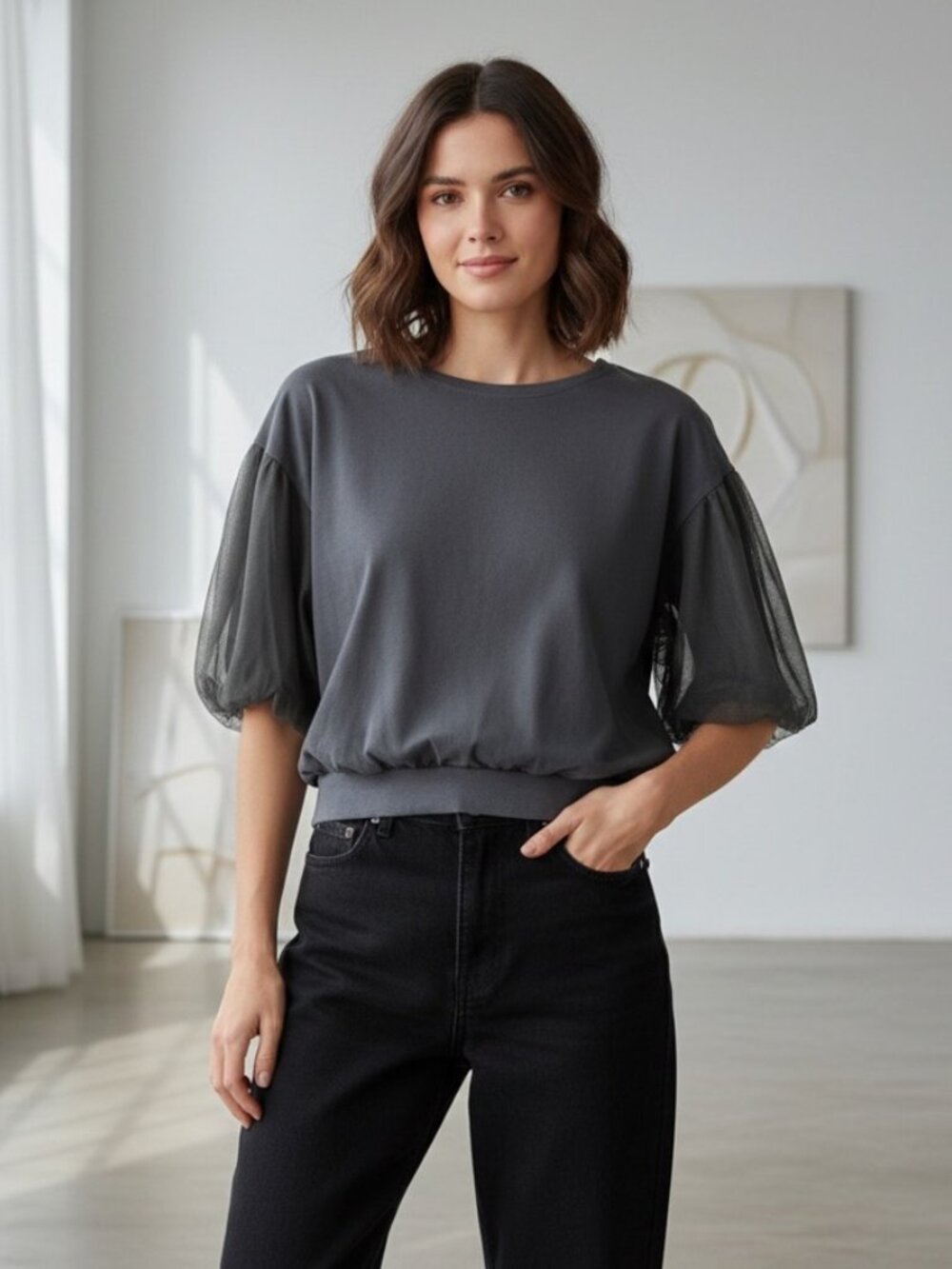 Nico and... Grey Tulle Puff Sleeve Cropped T Shirt Size 3/L